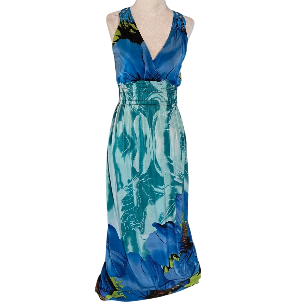 Julia Blue Floral Sleeveless Maxi Dress Size Small